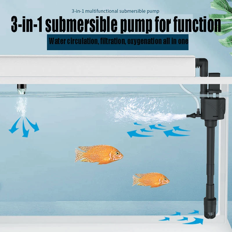 3-in-1 Fish Tank Filter on Submersible Pump Filter Universal Silent Built-in Pump Oxygenation Cycle