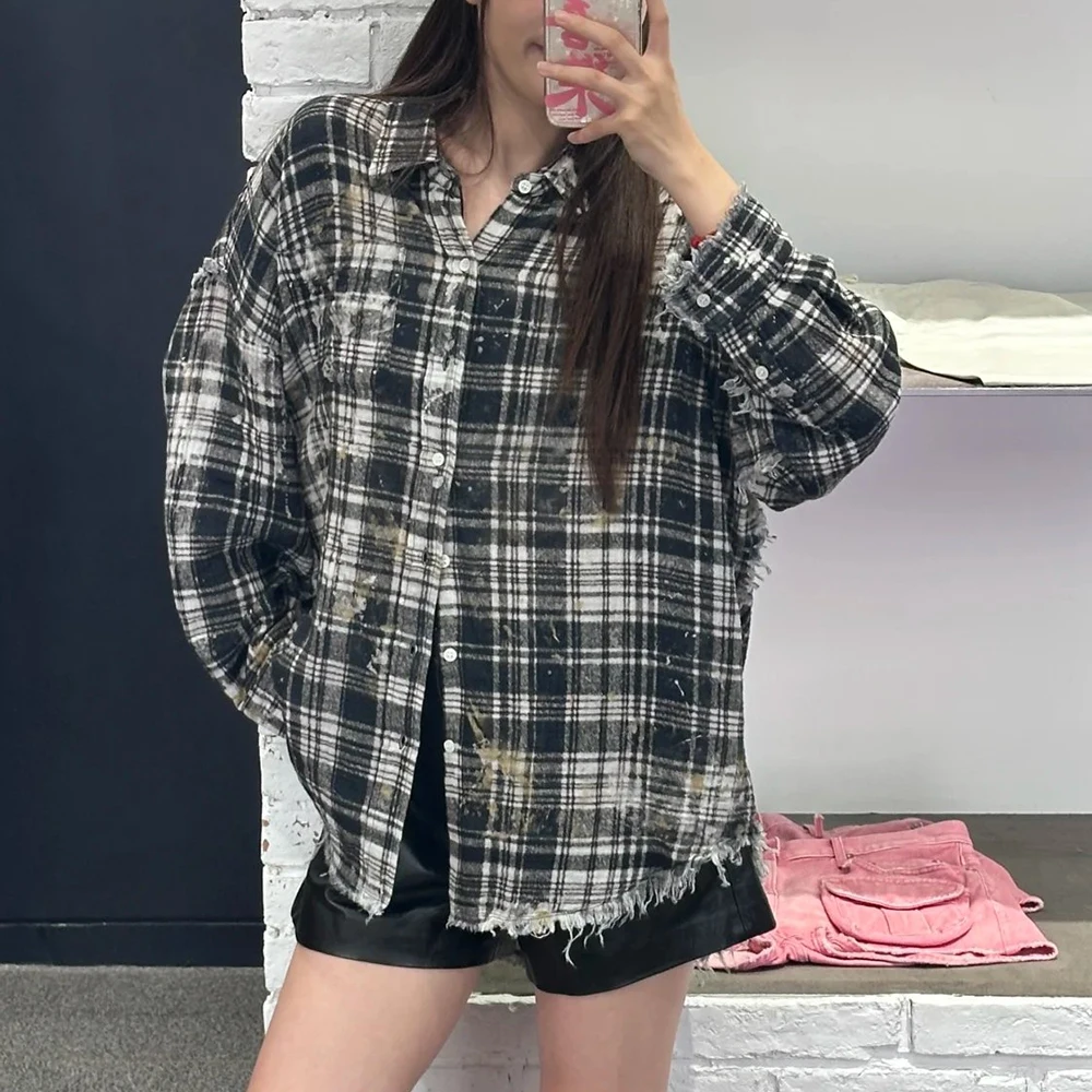 

Checkered Cotton Women's Shirt Y2K Frayed Retro Distressed Elegant Commuter Long-Sleeve Shirt Top 2025 Early Autumn New Arrival