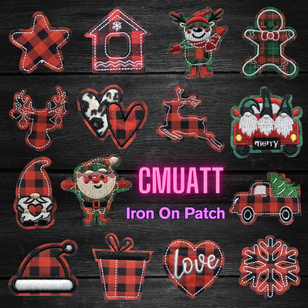 

Red Green Plaid Checkered Merry Christmas Gifts Tree Reindeer Xmas Holiday Embroidery Appliques Iron on Patches for Sweatshirt