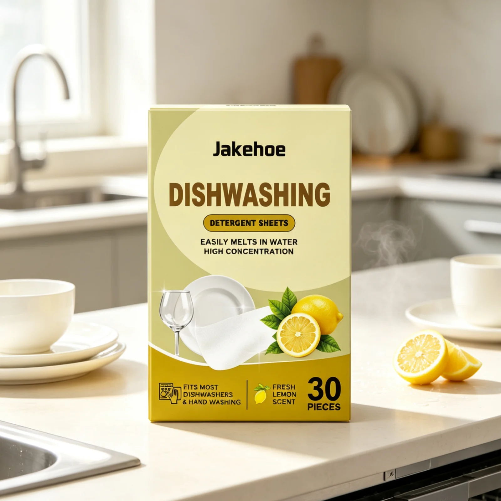 Jakehoe Dishwashing Detergent Sheets Food Residue Removal Fast Dissolving High Concentration Tableware Cleaning Sheets 30pieces