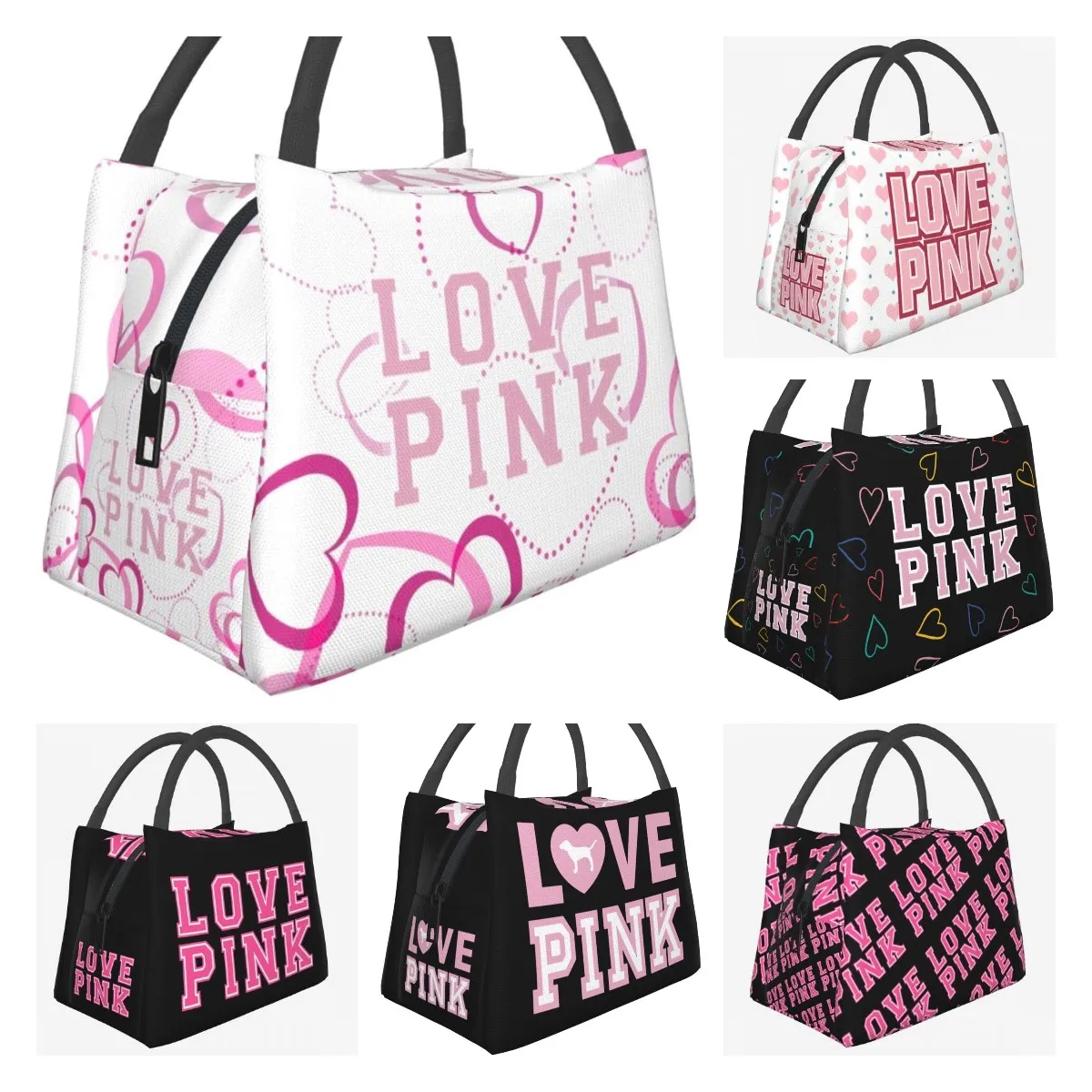 

Love Pink Heart Women Secert Insulated Lunch Bag Reusable Water-Resistant Bento Tote Box Portable Lunch Bags