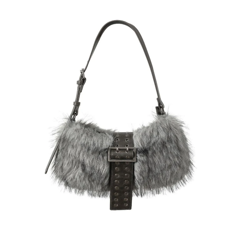 Brown Sliver Bear Mouse Fluffy Faux Fur Shoulder Bag Raccoon Fur Underarm Purse Rivet Buckle Vintage Y2K Crossbody Commute Women
