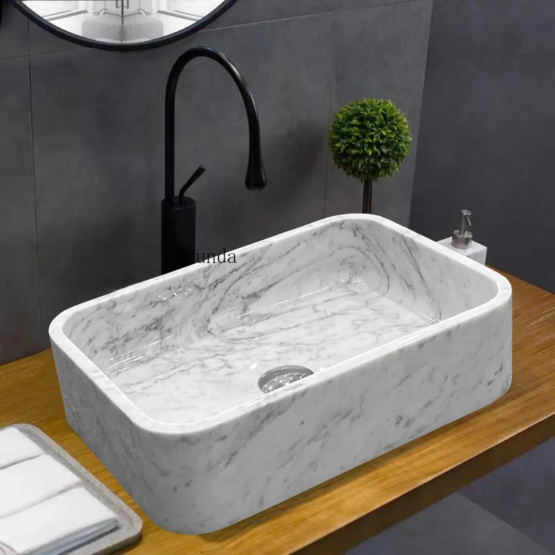 Lavabo cuadrado integrado de mármol Carrara blanco con diseño de vientre de pez, dorado, fragante, con efecto nieve y ciruela, de piedra rugosa.