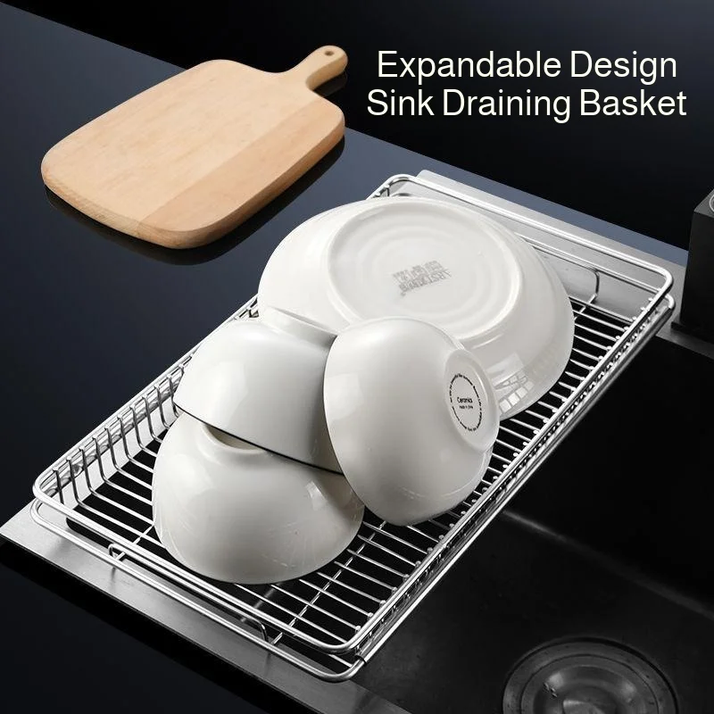 

304 Stainless Steel Kitchen Retractable Draining Basket-Sink Dish Storage Rack,Space-saving,Durable for Dishes/Bowl Organization