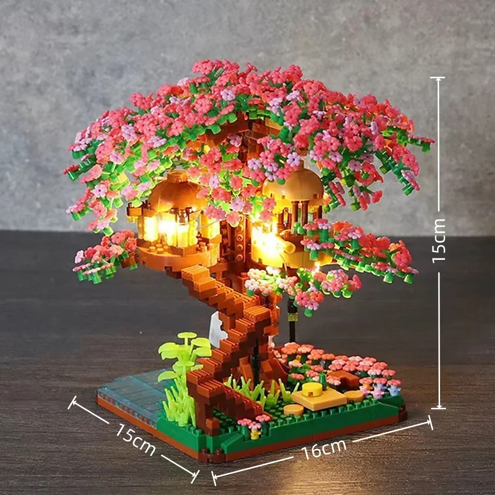 Cherry Bonsai Tree Building Blocks DIY Sakura Blossom Plant Bricks with LED Light Treehouse Model Romantic Gift for Girlfriend