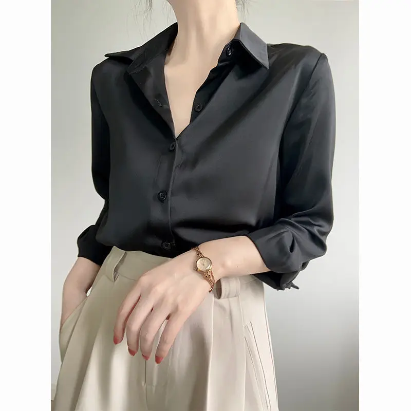 

Long Sleeve Shirts Womens Vintage Satin Button Down Tops Oversized Lantern Sleeves Feminine Elegant French Style Spring Clothing