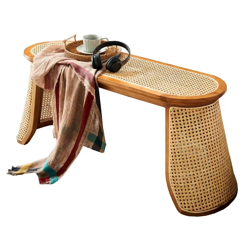 Wabi Sansan wind solid wood strip household simple rattan stool,1.2m end of bed shoe changing long stool