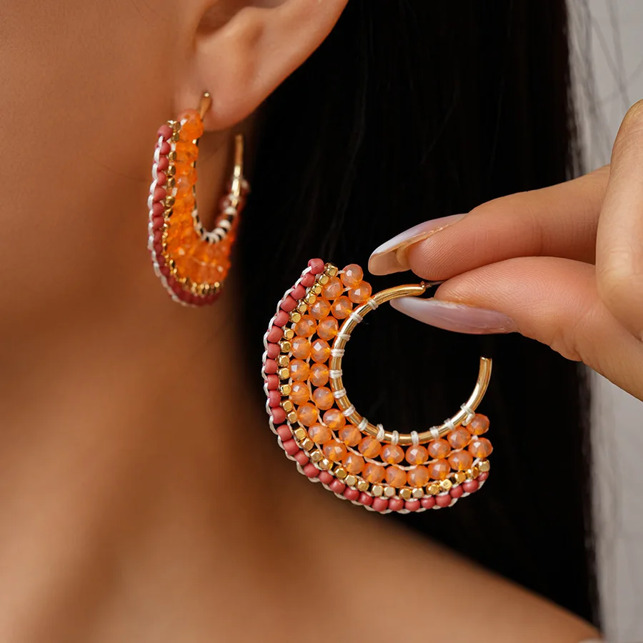 National style glass beads beaded fan-shaped steel needle earrings retro, high-end personality niche earrings women