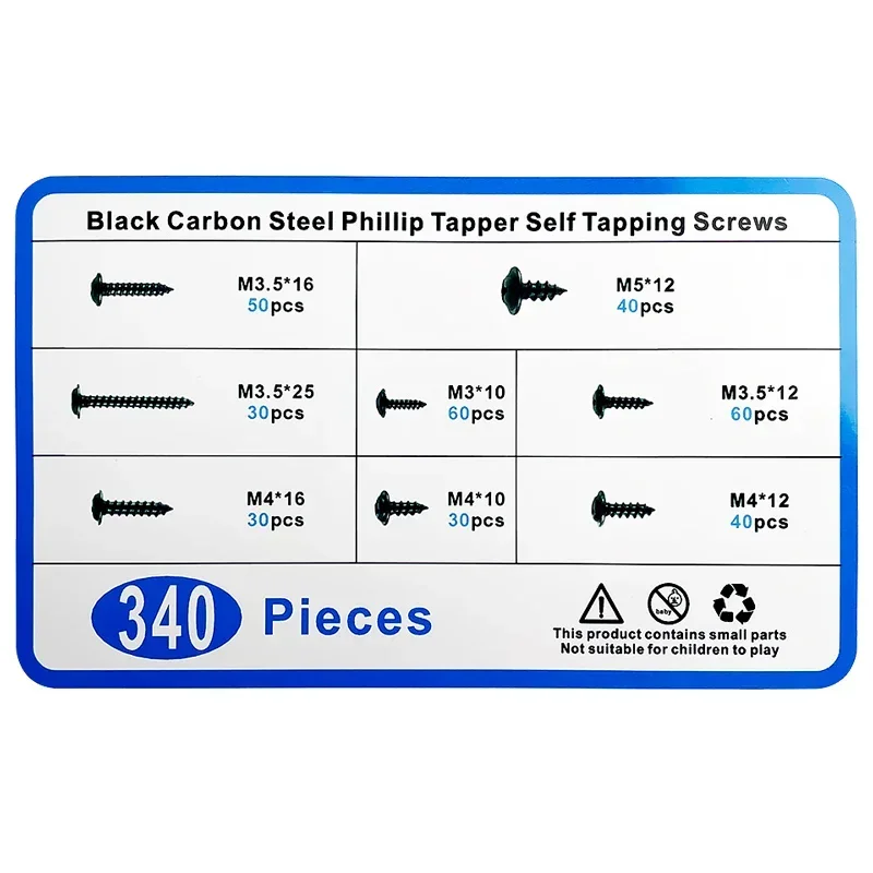 Auto Tapping Parafusos Set, Pan Head Tapping Screw Variedade Kit, Móveis pretos, aço carbono, M3, M3.5, M4, M5, 340Pcs por caixa