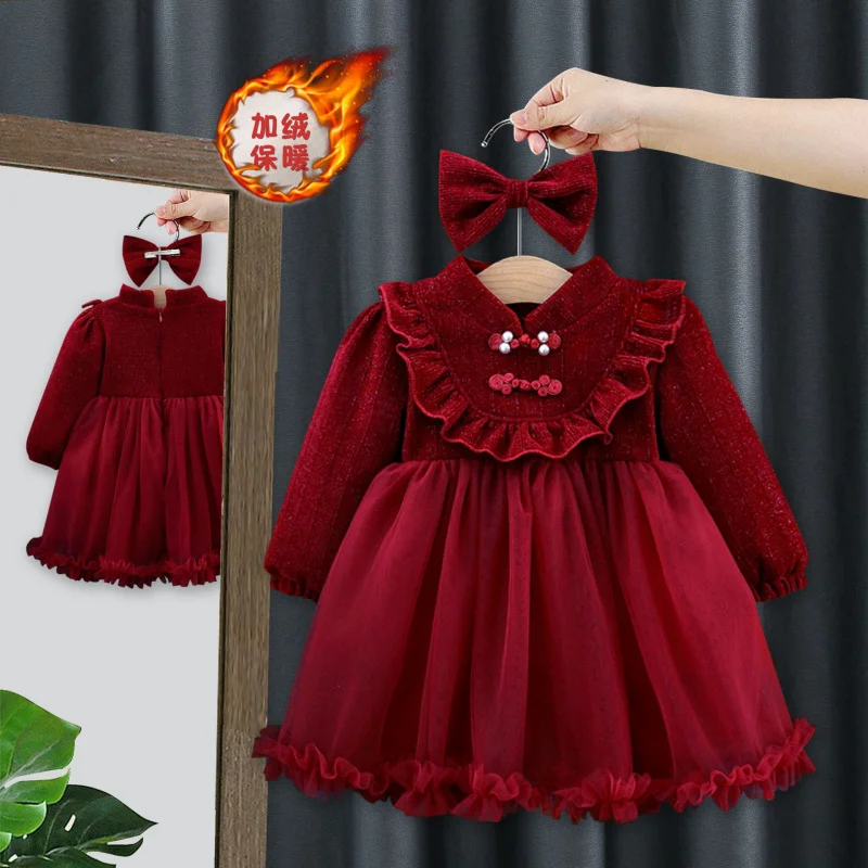 

Новое зимнее стильное теплое платье принцессы на флисовой подкладке с бантом и пуговицами в китайском Новом году