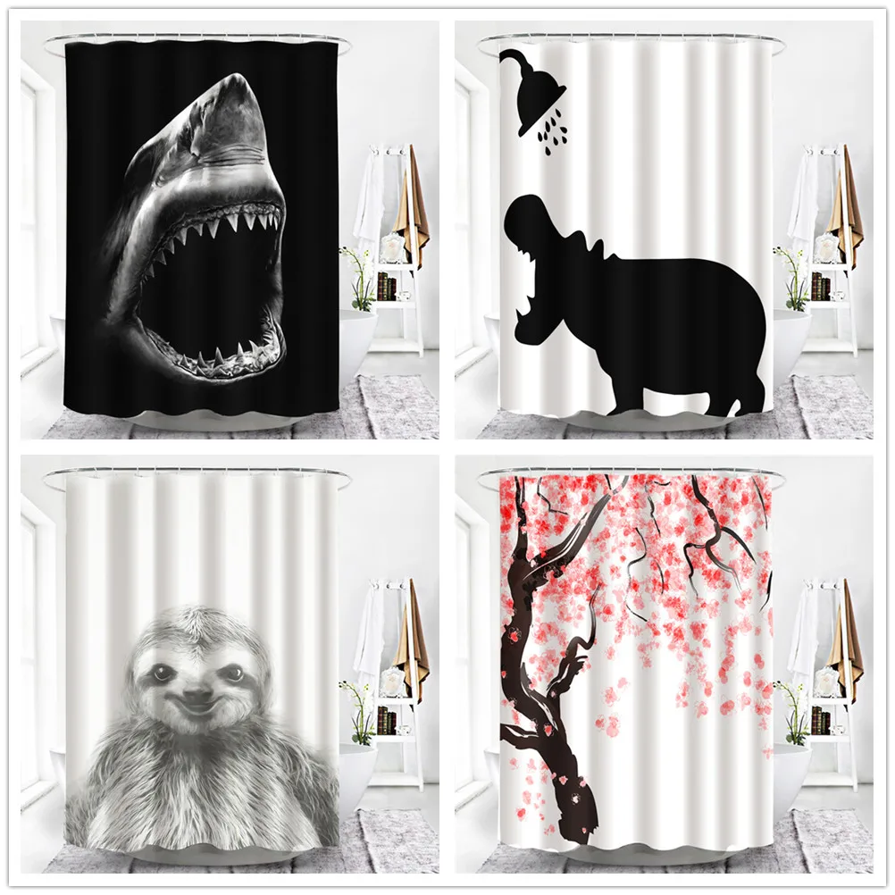 Black And White Shark Hippo Shower Curtain Funny Cartoon  Bathroom Curtains Peach Blossom Waterproof Fabric Supplies Home Decor