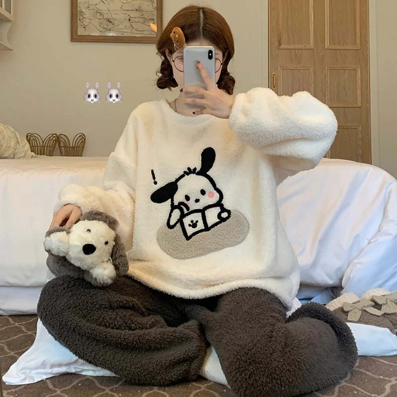 Sanrio Pacha Dog Autumn and Winter Coral Fleece Warm Casual Crew Neck Pullover Women's Pajamas Cute Long Sleeve Homewear Set