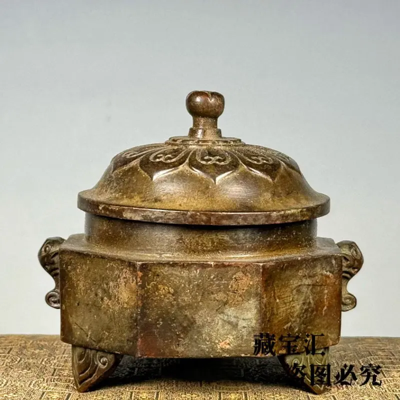 Old Collection Antique Qianlong Octagonal Double Beast Ear Bronze Incense Burner Censer Statue Wealth Attracting Home Decor