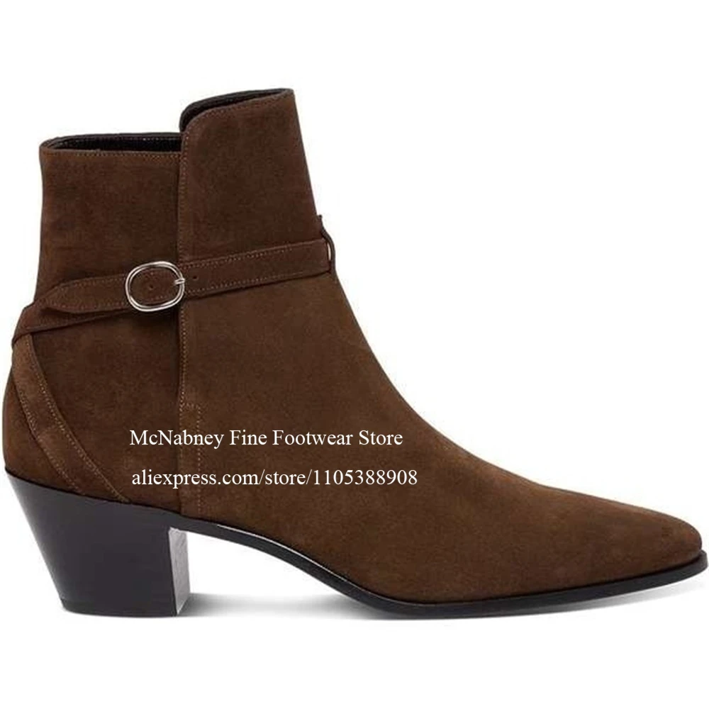 Luxury Black Suede Buckle Strap Men Chealsea Boots Pointed Toe Mid Heel Ankle Boots Gentleman Business Formal Shoes Dailywear