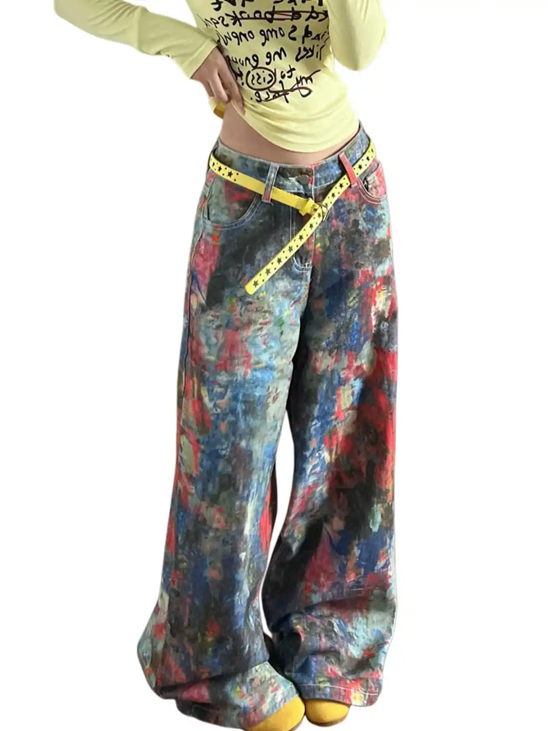 Women's Baggy Jean Tie Dye Hip-pop Goblin Core Colorful Denim Pants Y2K High Street Wide Fit Cowboy Japanese Harajuku Long New