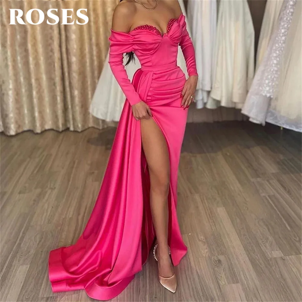 

ROSES Side Split Chic Woman Evening Dress Gown Beading Off The Shoulder Ball Gown Full Sleeves Night Dress Gown robes de soirée