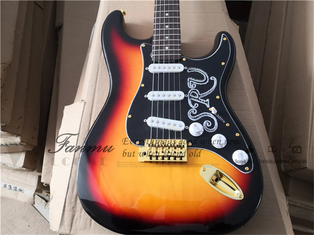 sunburst electric guitar sta body yellow neck rosewood fingerboard white pickups black guard fold tunerscustom guitar