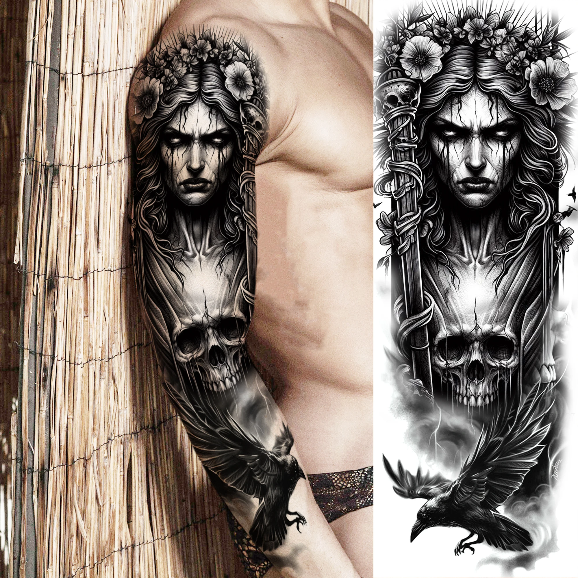 1 Sheet Scary Evil Witch Skull Temporary Tattoos Waterproof Halloween Tattoo Sleeve Realistic Demon Vampire Fake Tattoos Sticker