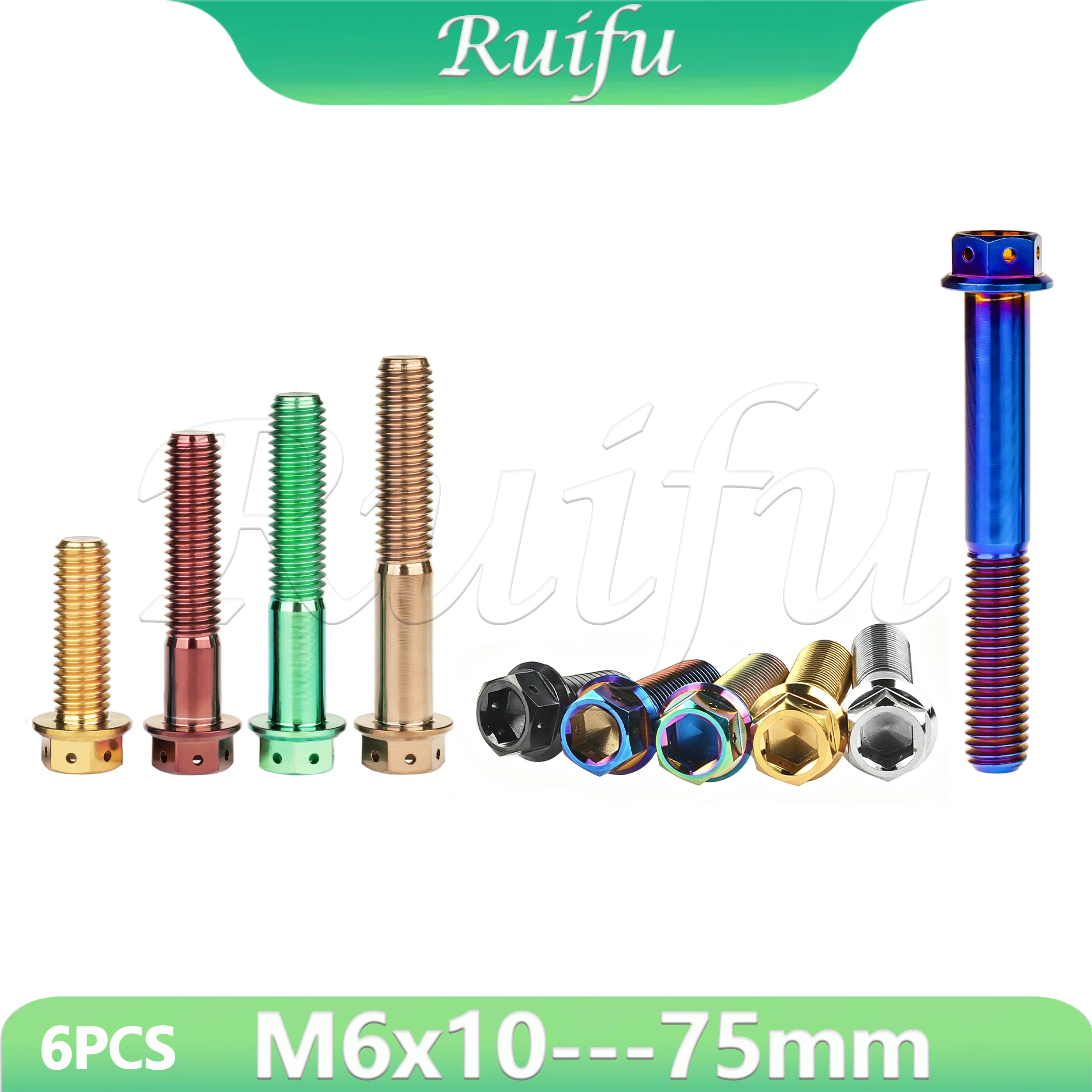 Ruifu Titanium Bolt 6PCSM6x10 15 20 25 30 35 40 45 50 55 60 75mm Flange with Holes Hex Head Screw for Motorcycle Brake Calipers
