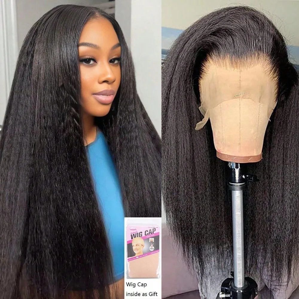 16-42 Inch Kinky Straight 13x4 Lace Front Wigs Human Hair Pre Plucked With Natural Baby Hairs 250% Density Yaki Straight 5x5 Transparent HD Glueless Lace Wig Human Hair Wigs For Black Women