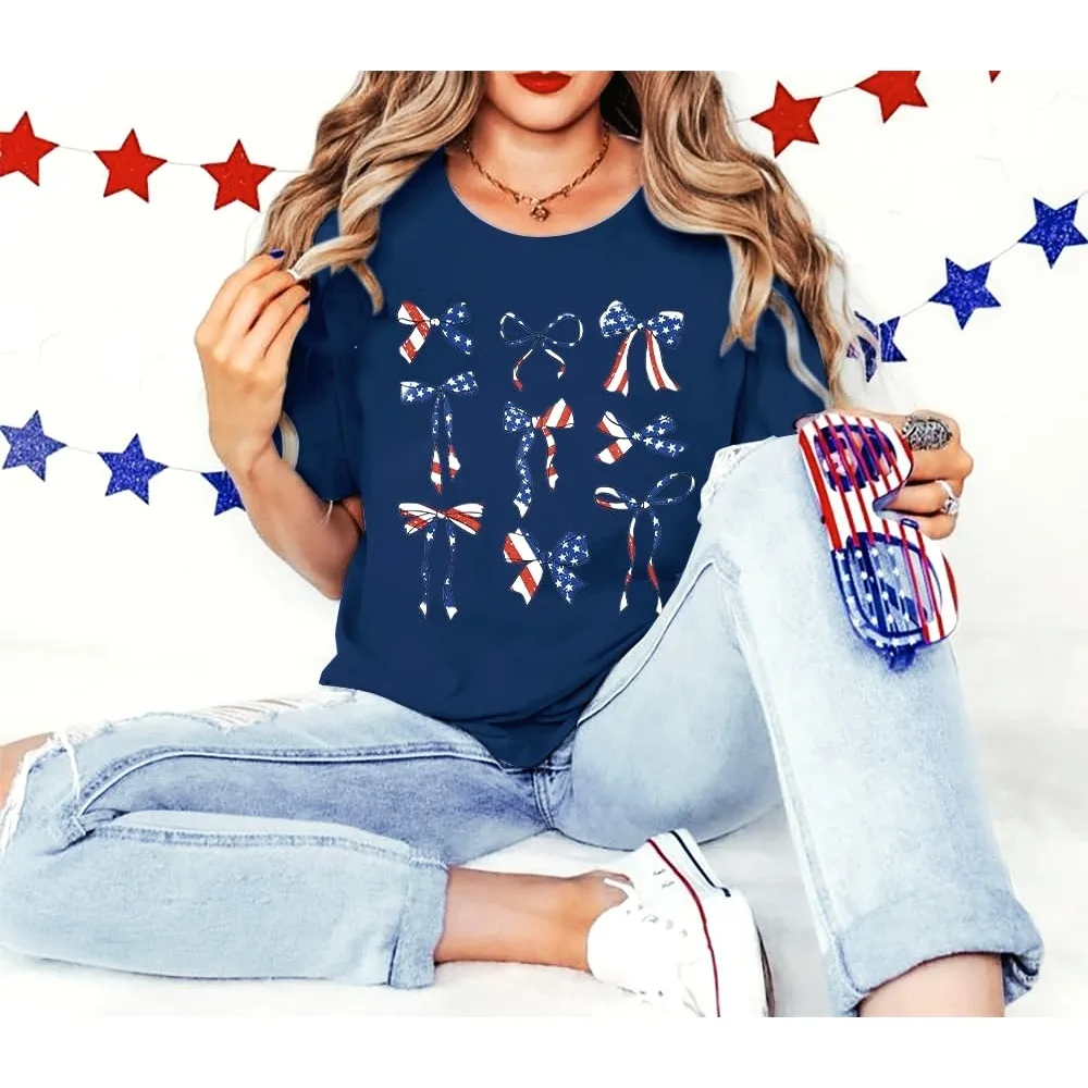 4th กรกฎาคม American Star STRIPES Bows Retro รักชาติสั้นเสื้อ \ \ \ \ \ \ \ \ \ \ \ \ \ \ \ \ \ Crewneck Cotton เสื้อยืด USA FLAG Creative Design T เสื้อ
