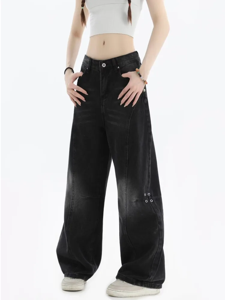 

Spring And Autumn New Style High-waisted Hip-covering Loose Wide-leg Pants Black Retro Narrow Straight-leg Women's Jeans