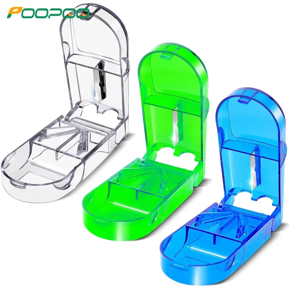 New Pill Cutter and Splitter with Dispenser, Cuts Pills, Vitamins, Tablets, Stainless Steel Blade, Travel Sized, Colors May Vary