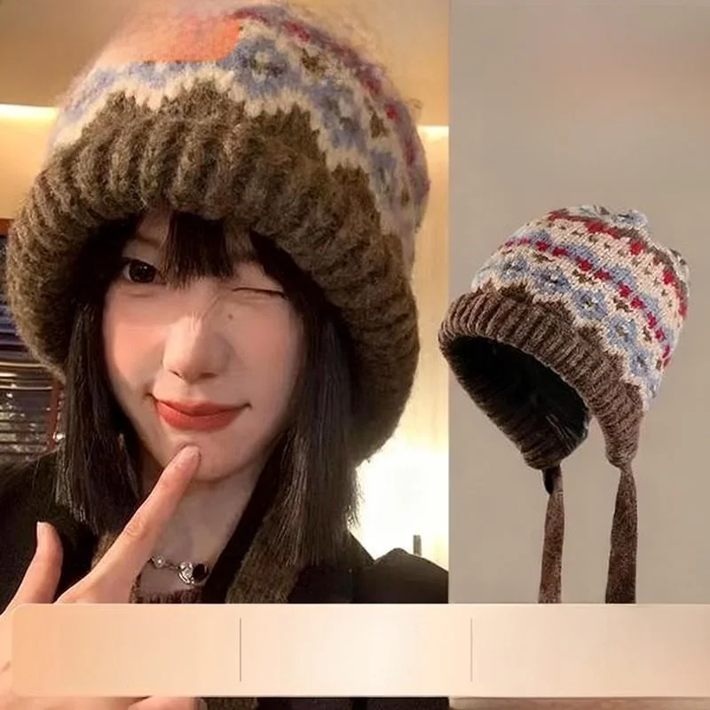 

Теплая вязаная шапка Fair Isle, зимняя женская пушистая шерстяная шапка в стиле барокко, осенне-зимняя уличная шапка без козырька