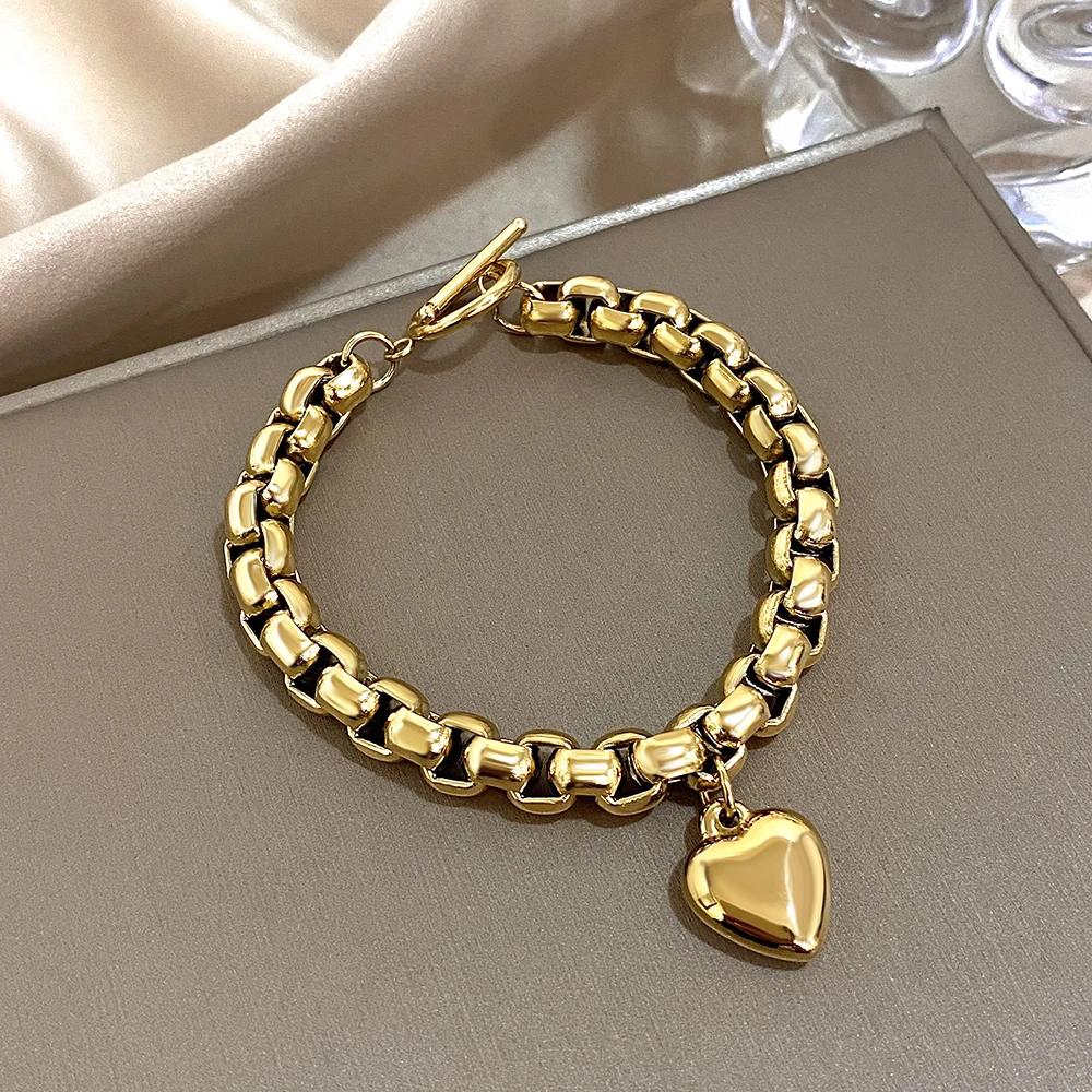 Punk Chunky Thick Chain Stainless Steel Bracelets for Women Fashion Gold Plated OT Buckle Love Heart Pendant Wrist Jewelry Gift