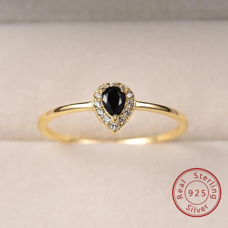 925 Sterling Silver Gorgeous Shiny Zircon Water Drop Black Stone Rings for Women Gift Engagement Ring Gold Color Fine Jewelry