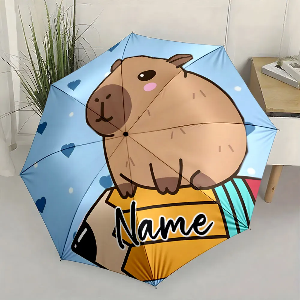 Custom Name Cute Capybara Umbrella with Pencil Illustration Print 8 Iron Ribs Folding Umbrella, Auto-Open Fashion Sunshade
