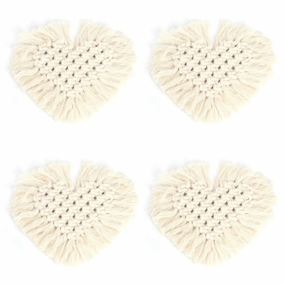 4Pcs Cotton Thread Cotton Cup Coaster Light Weight Heart Shape Heat Insulated Pad Practical Flexible Rope Woven Coaster