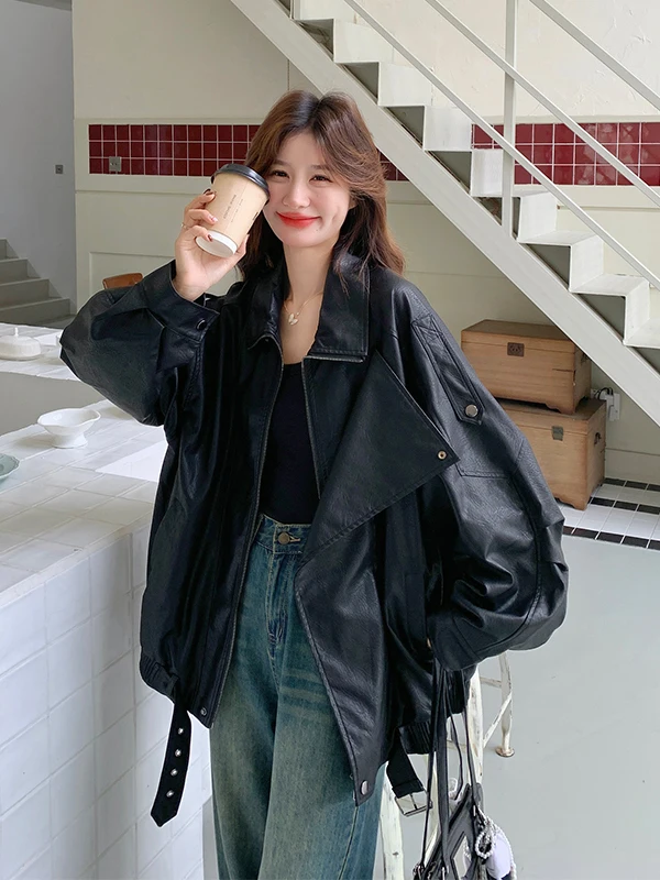 Coole schwarze PU-Lederjacke für Damen – Frühling/Herbst 2025 – Neue High-End Slim-Fit Motorrad-Bikerjacke