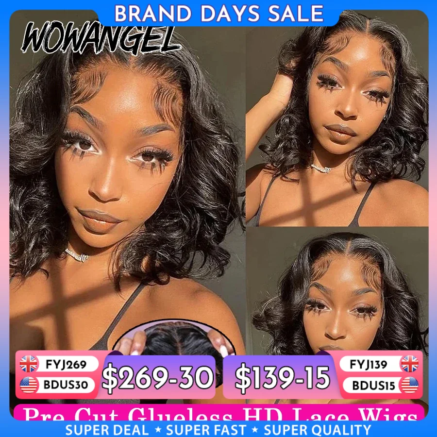 Wow Angel Pre Cut Glueless HD Lace Closure Body Wave Wigs Ready To Wear Short Bob Wig 250% Human Hair Wigs Melt Skins For Women