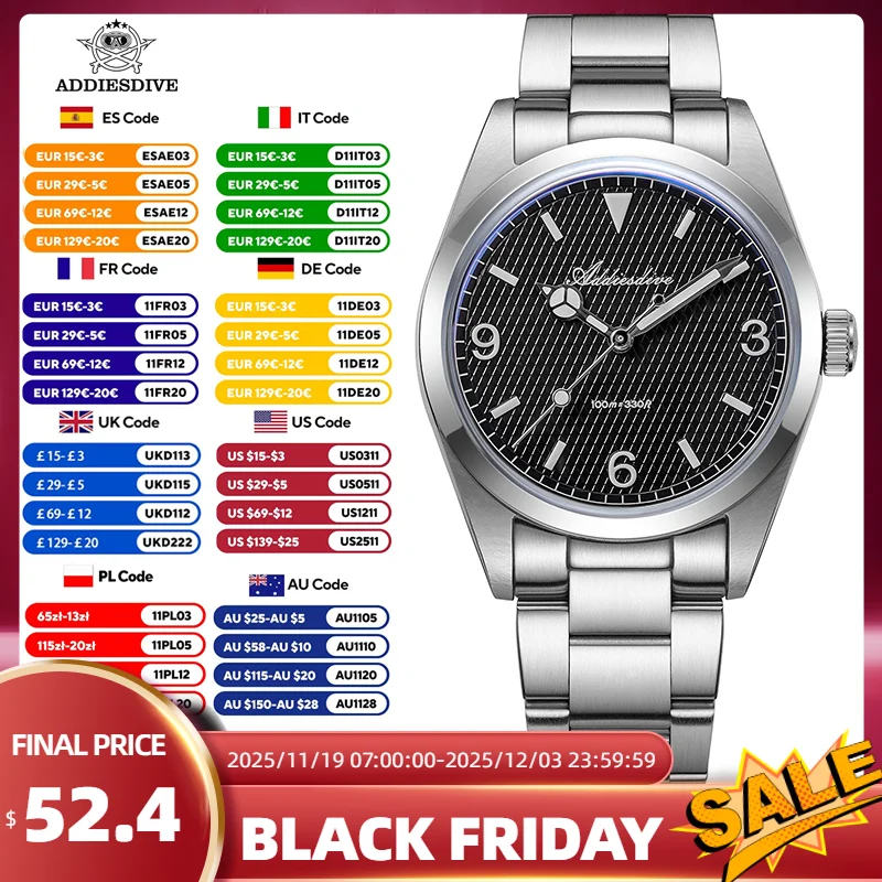 addiesdive-montre-a-quartz-mouvement-vh-bracelet-en-acier-316l-c3-bgw9-aiguilles-lumineuses-100m-resistant-a-l'eau-verre-a-bulles-design-elegant