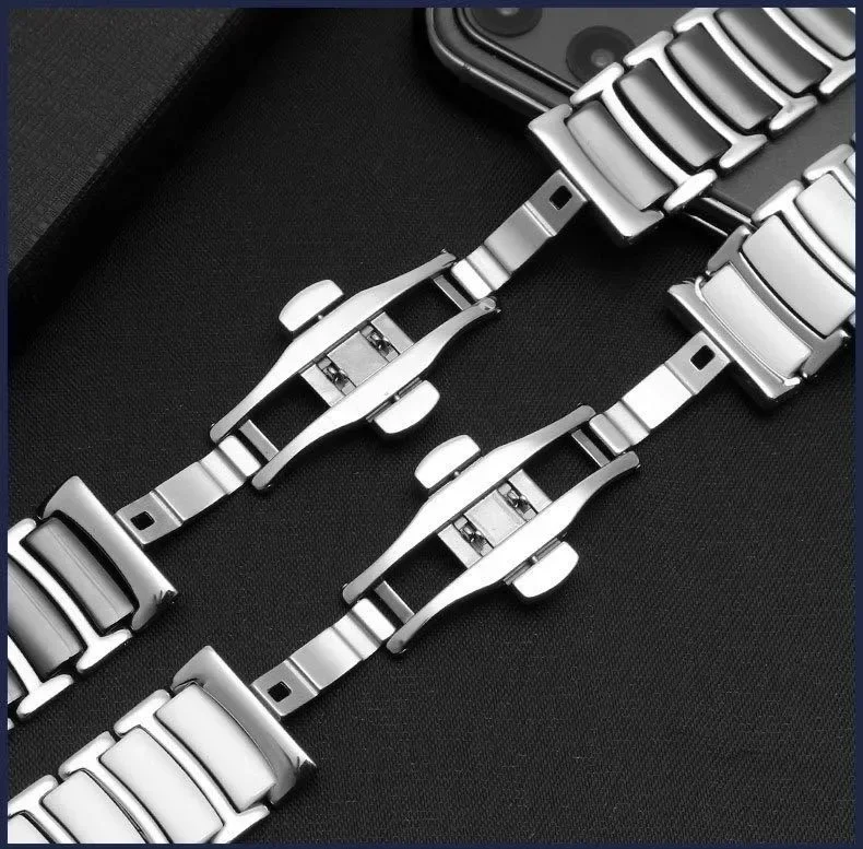 حزام سيراميك + معدني لساعة أبل 49 ملم 45 ملم 41 ملم 44 ملم 42 ملم 40 ملم سوار معصم من الفولاذ المقاوم للصدأ iWatch Ultra 9 8 7 6 5 4 3 SE Correa