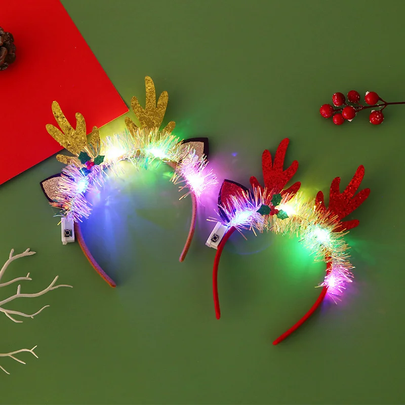 Christmas Hair Hoop Illuminated Cane Headband Christmas Tree Hair Ornaments With Lights Deer Antlers Glitter Head Costume Props