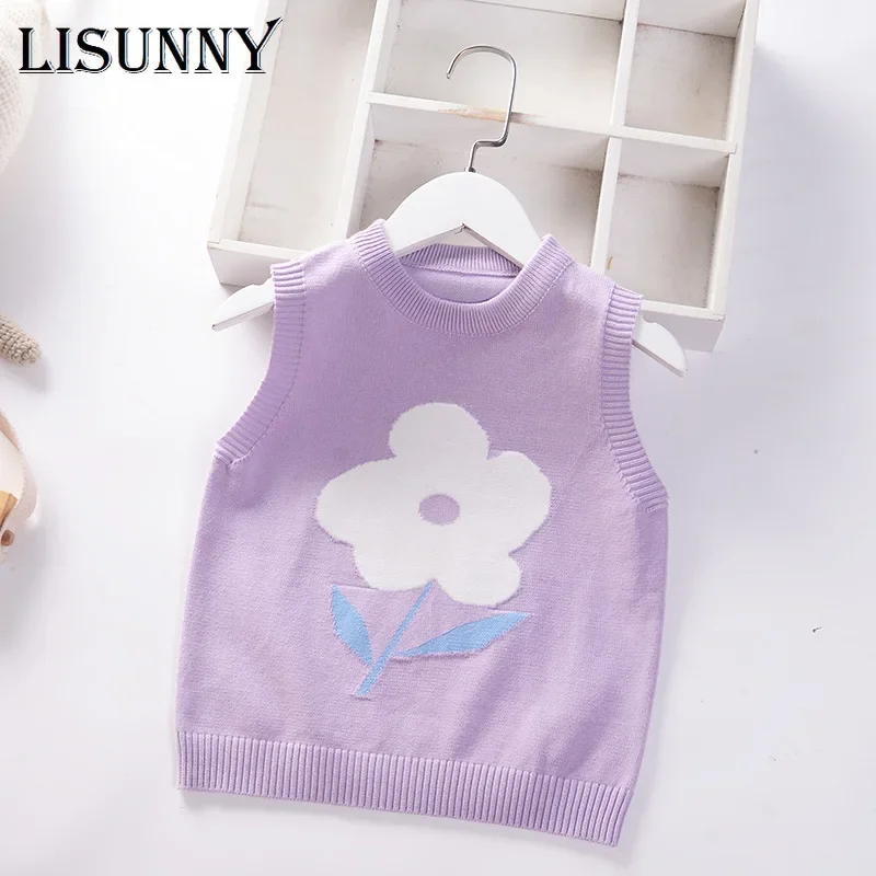 

New Baby Girls Sweater Vest Flower Baby Autumn Children Knit Vest Pullover Kids Sweater Top Toddler Clothes O-Neck 2-7y