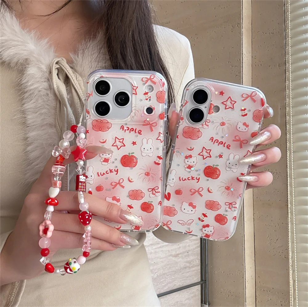 

Kawaii Hellokitty Line Rabbit Cartoon phone case for iPhone 17 Pro 13 14 15 16 Pro Max Fundas With Chain Cute Shockproof Cover