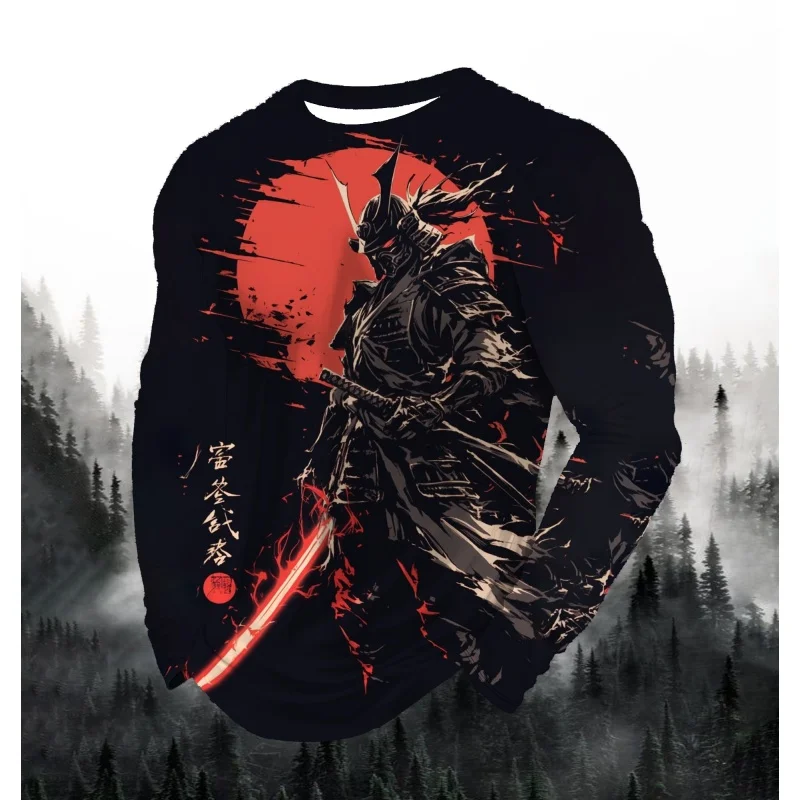 Japanese Samurai Pattern T-Shirt For Men Sun Flower 3D Printed T Shirts Autumn Casual Loose Round Neck Tops Tees Long Sleeves