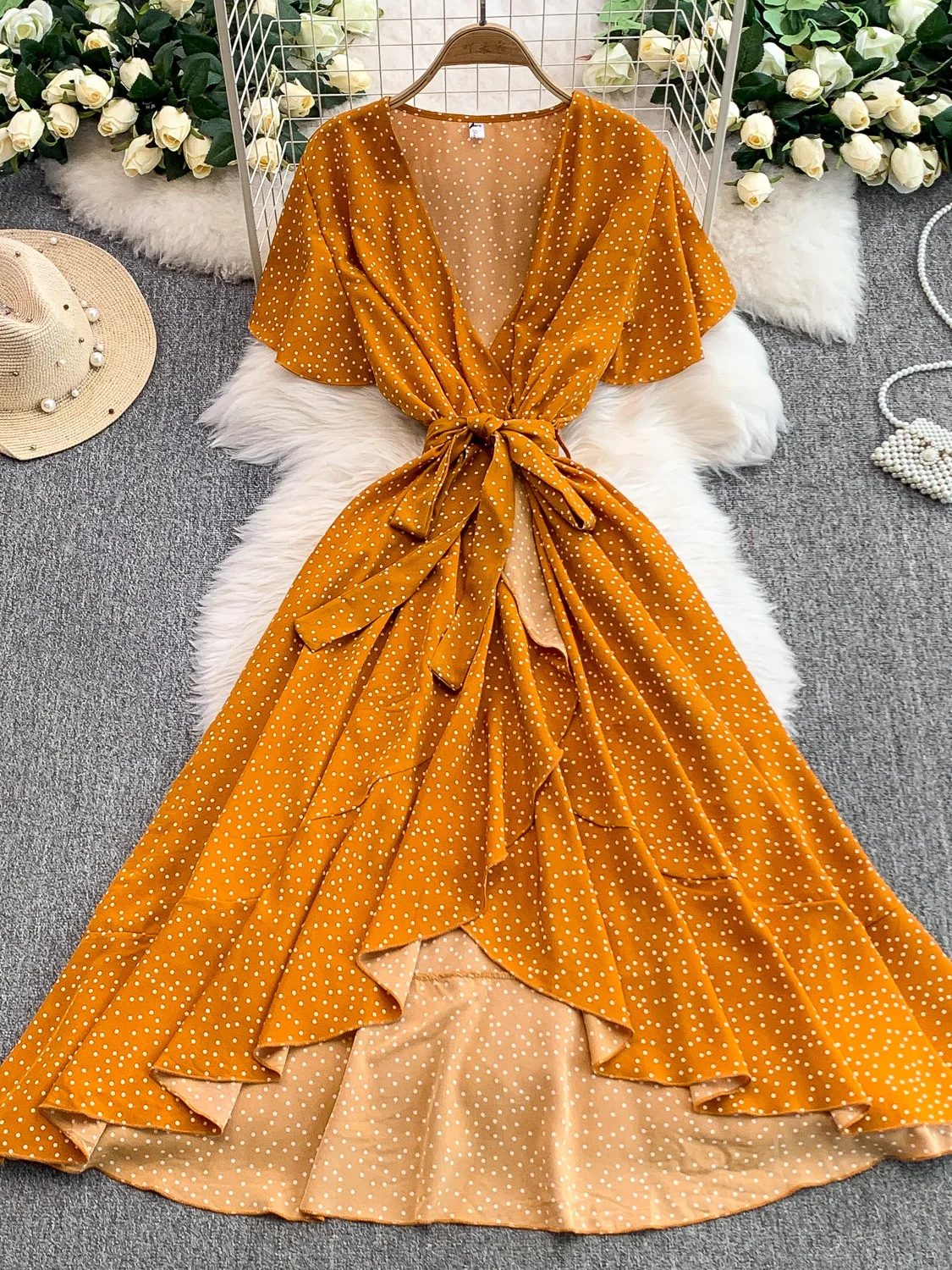 Zomer Polka Dot V-ne ort Sve vrouwen Dr Belted Taille Afslanken Asymmetrische Zoom Maxi Rok Koreaanse Sle Pendelen