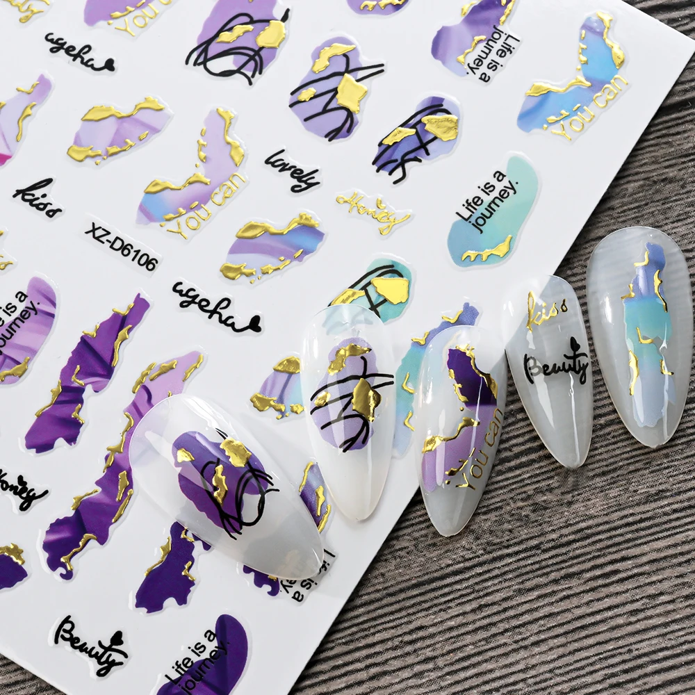1 Uds. Pegatinas 3D de mármol púrpura para uñas ahumadas líneas onduladas de humo/doradas calcomanías autoadhesivas pintura de tinta floreciente decoraciones de manicura