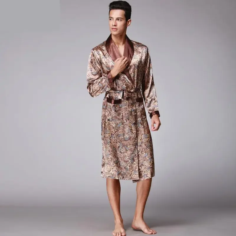 Men Kimono Robes V-neck Faux Silk Bathrobes Nightgown for Male Senior Satin Sleepwear Summer Paisley Pattern Pajamas Set