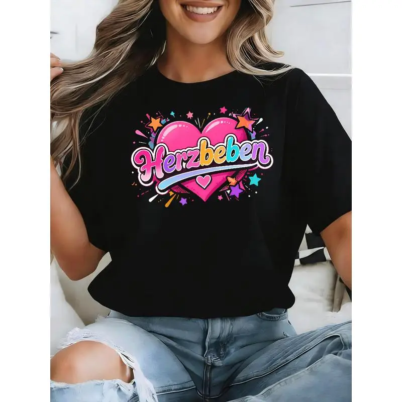 Herzbeben Colorful Pink Heart Star Graphic T Shirt Women German Letter Print Casual Short Sleeve Tee