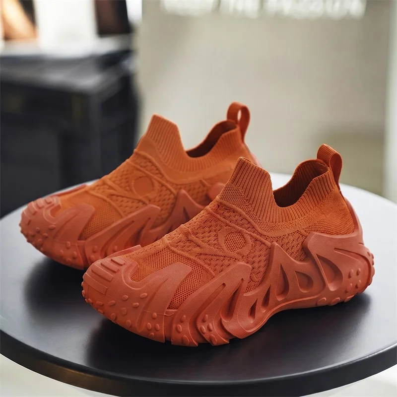 Men Orange Slip on Knit Sock Sneakers Hollow Gear Chunky Thick Sole Light Non Slip Summer Outdoor Running Casual Athletic Shoes