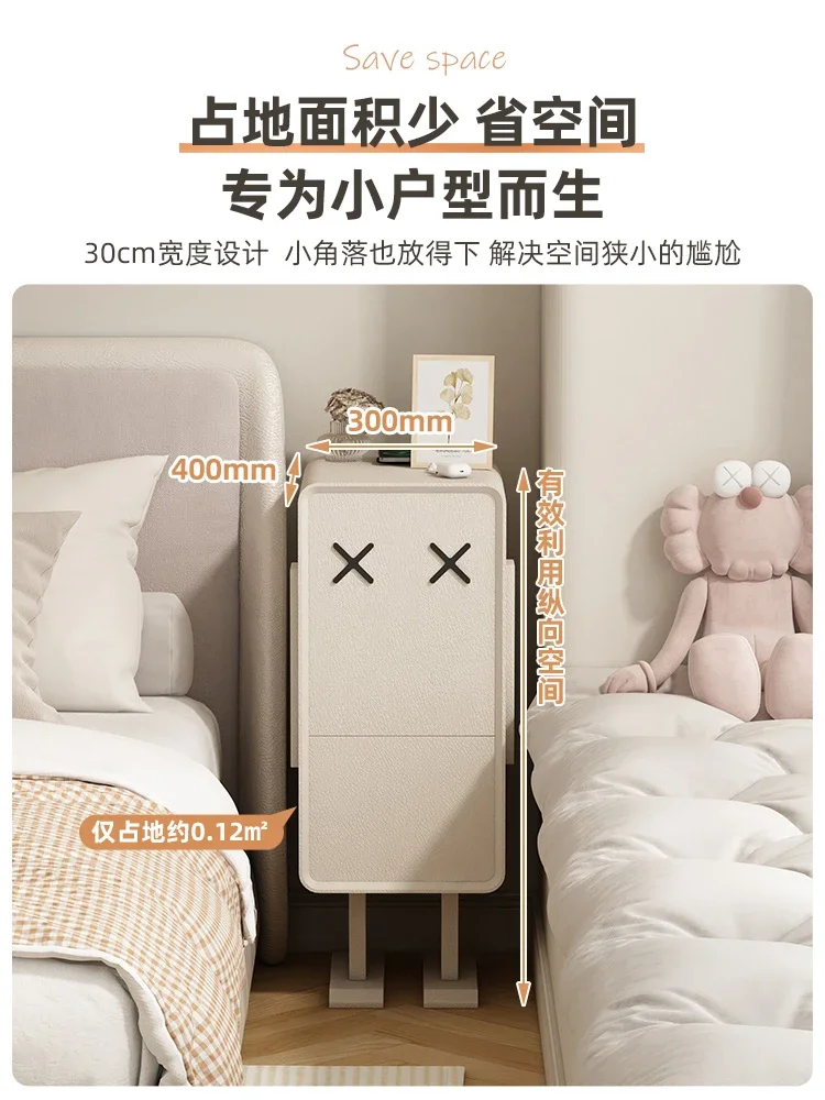 Minimalist Wide Bedroom, Small Side of The Bed, A Few Narrow Wireless Charging Mini Storage Cabinet High