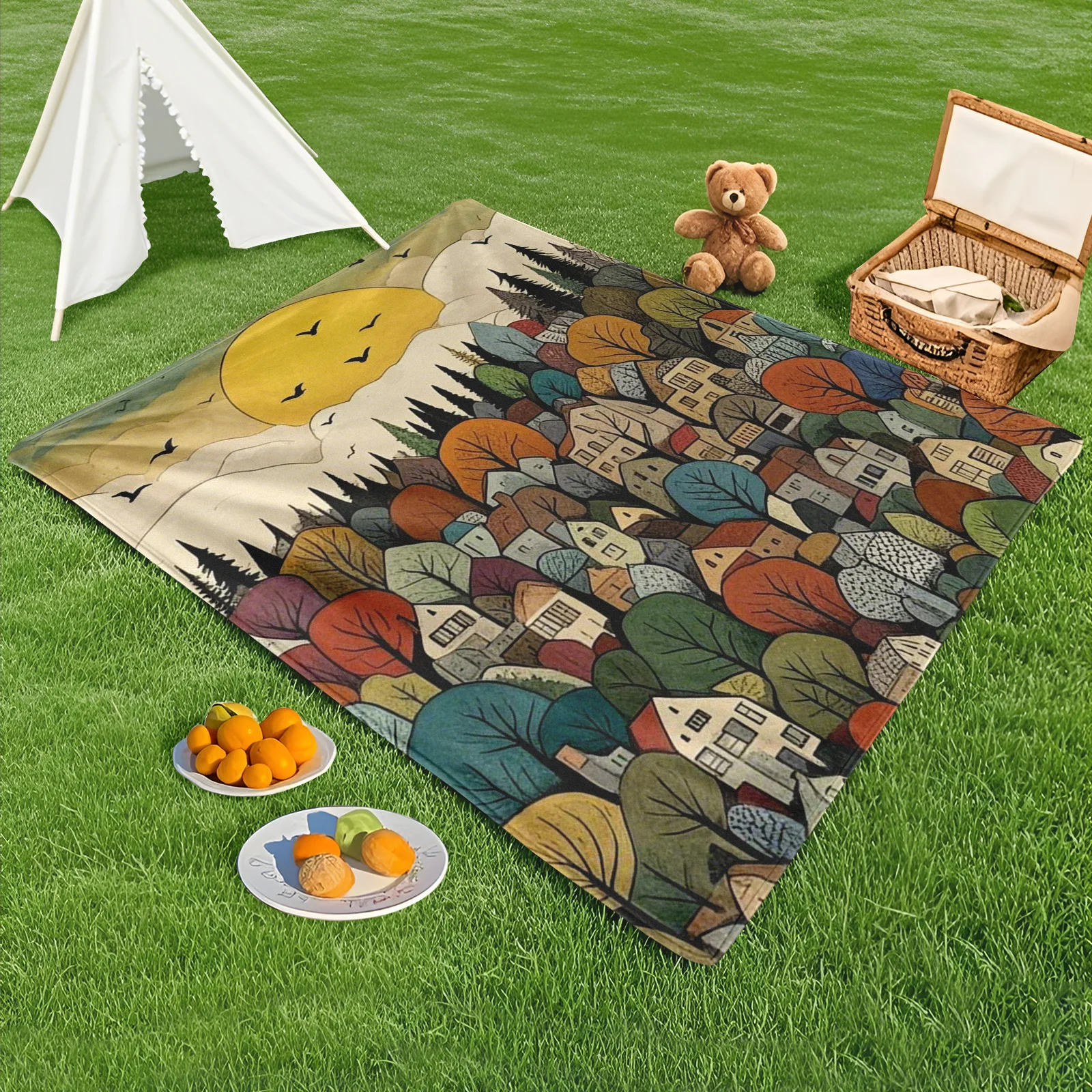 

Sunlit Small Town Birds Design Blanket For Outdoor Decor And Warm Gatherings With Loved Ones