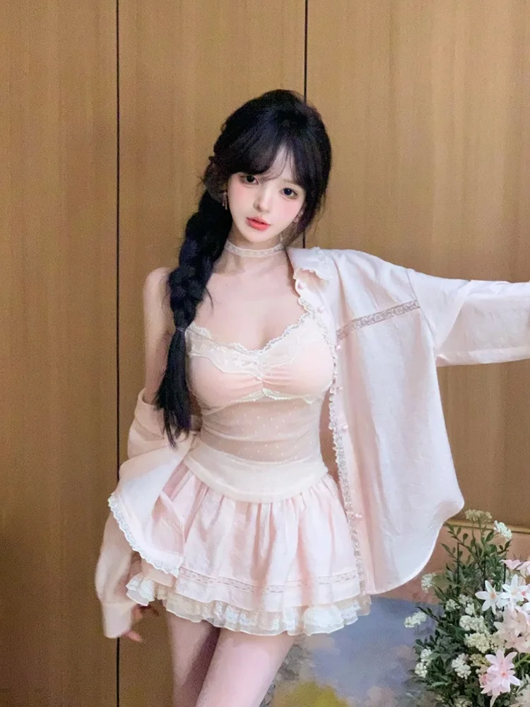 

STAZF7 plus Size Lace Shirt Mesh Polka Dot Summer Sweet Spicy Princess Skirt Set Women's Fashion Korean Style Commute Wear