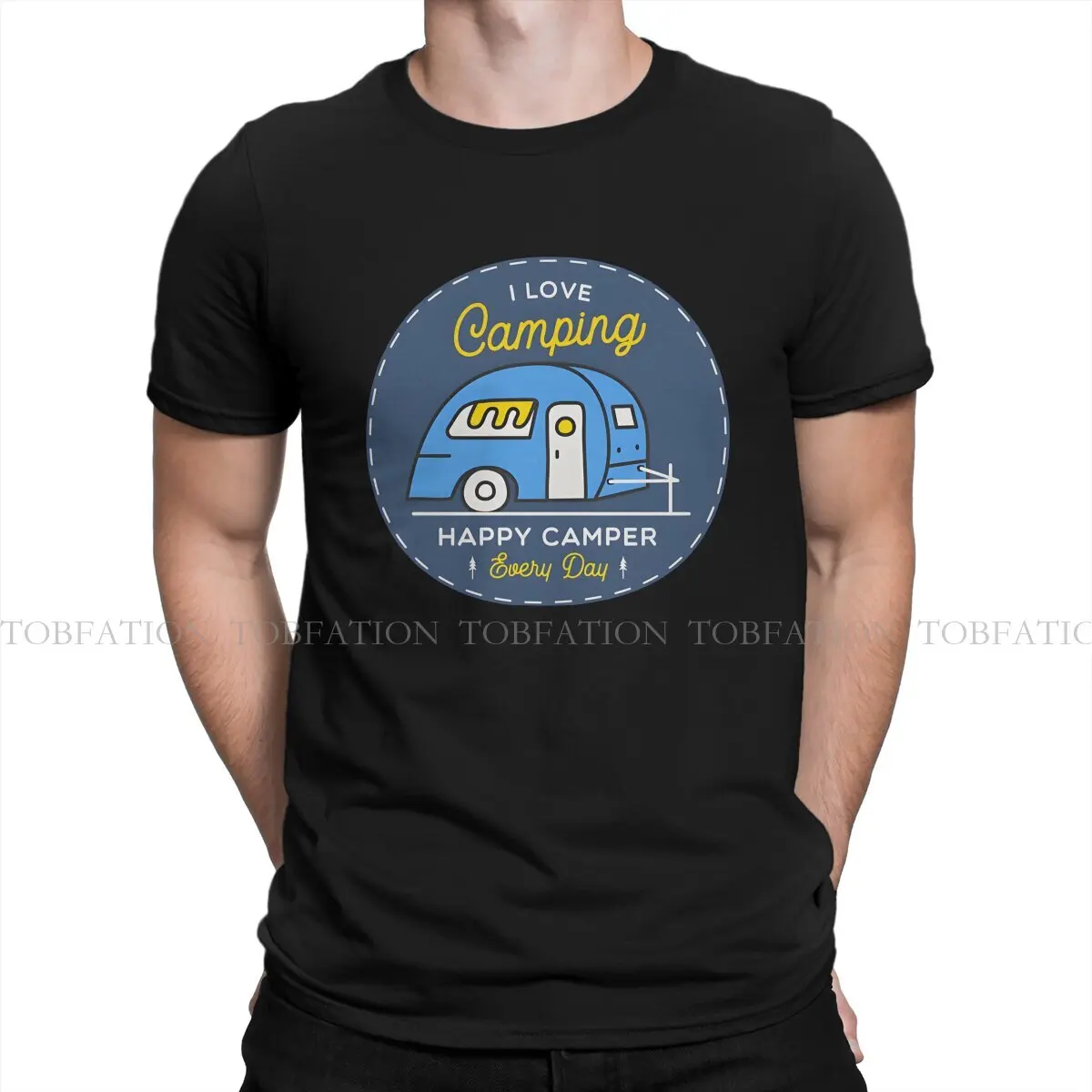 Camper Camping TShirt for Men Happy Camper_5 Basic Leisure Sweatshirts T Shirt 100% Cotton Trendy Loose