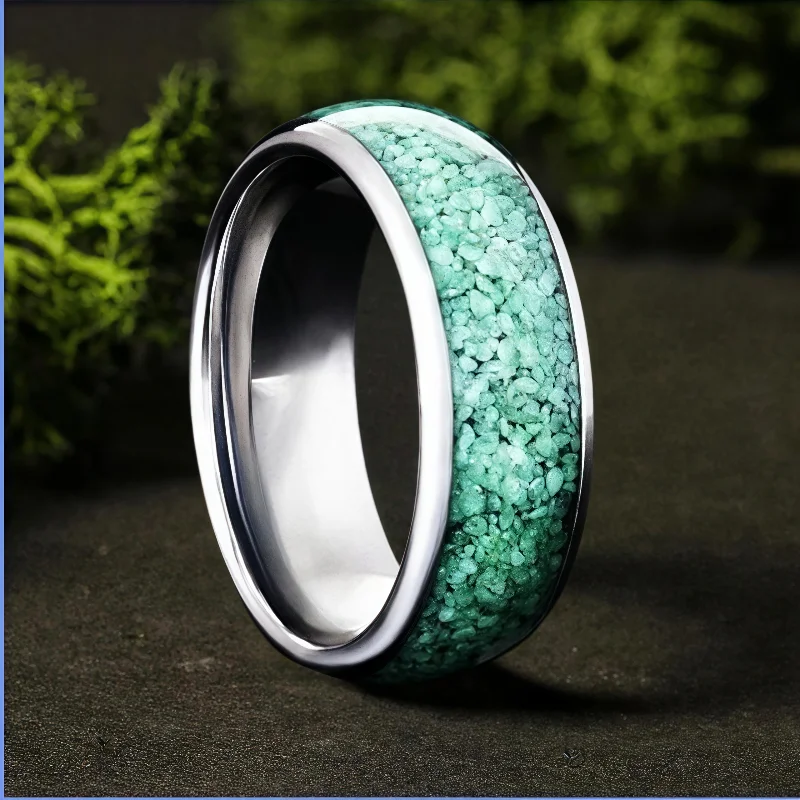

Silvery Vintage 8mm Stainless Steel Ring Synthetic Turquoise Ring Men's and Women's Wedding Ring Jewelry Gift